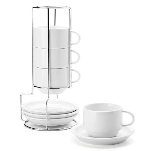 Sweese 406401 Porcelain Stackable Cappuccino Cups with Saucers and Metal Stand  8 Ounce for Specialty Coffee Drinks Cappuccino Latte Americano and Tea  Set of 4 White
