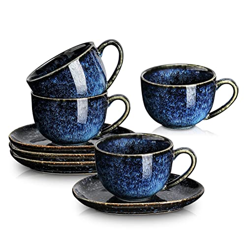 VICRAYS 65 oz Cappuccino Cups with Saucers Set of 4 Ceramic Coffee Cup for Au Lait Double shot Latte Cafe Mocha Tea (Starry Blue)