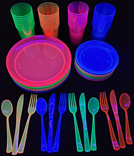 192 Piece Neon Black Light Party Service Set Serves 32 Guests with 32 9 Plates 32 6 plates 32 10 oz Cups 32 Deluxe Heavy Duty Forks Knives and Spoons Black Light UV Glow in The Dark Parties