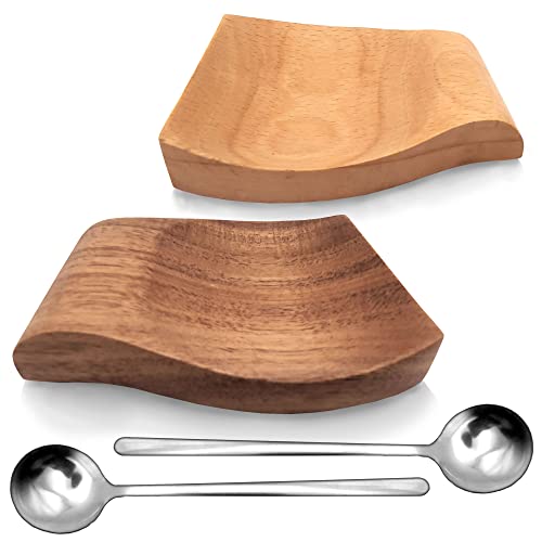 2 Spoon Rests with 2 coffee spoons set  Wood Spoon Rest for stove top  Spoon Holder For Kitchen counter or stove top with light and dark brown 475 x 463 x 085 inches