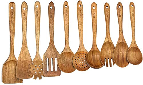 Wooden Spoons for Cooking10 Pack Natural Acacia Wooden Kitchen Utensils Wooden Cooking Utensils Set Wooden Utensils for Cooking Wooden Spoons and Spatula Set (10)