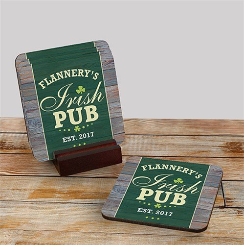 Personalized Irish Pub Coaster Set of 4 Mahogany Holder Included