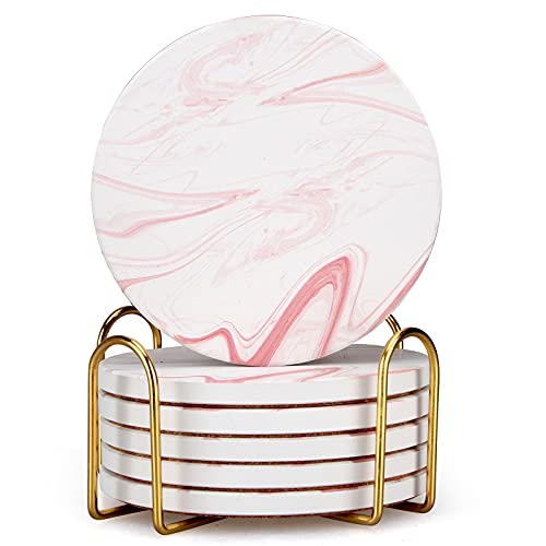 6 Pcs Cute Pink Marble Coasters with Holder Absorbent Ceramic Coasters Decorative Round Cool Coaster Set Elegant Bar Table Drink Coasters