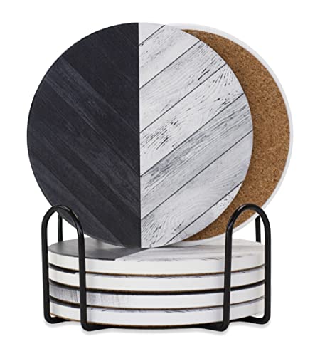 6 Set Black  White Parquet Drink Coasters Ceramic Coasters for Drinks Coasters for Coffee Table Rustic Wood Coasters Farmhouse Coasters w Coaster Holder Cute Absorbent Cork Coasters for Cups Mugs