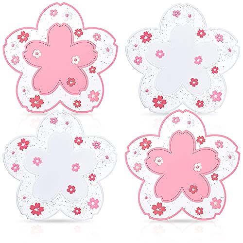 Cherry Blossom Cup Coasters 4 PCS Silicone Coasters Pink Sakura Coaster Kawaii Cup Cute Coasters for Desk Drink Table Decor Coffee Room Mat Durable Anti Slip for Placemat Kitchen Accessories Set of 4