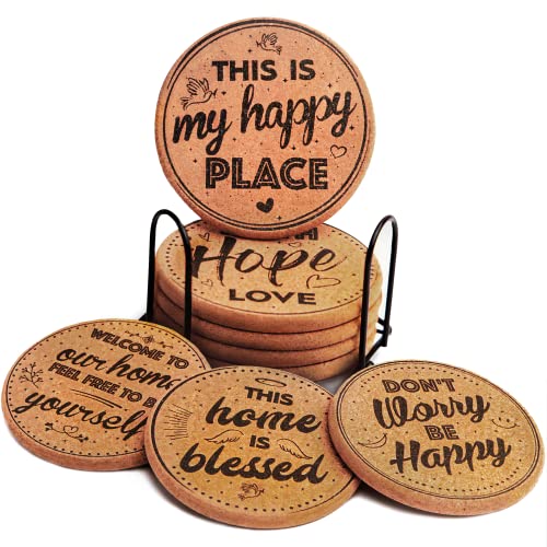 Coasterlux Cork Coasters for Drinks Absorbent with Holder  Cute  Funny Set of 8 Large Round Outdoor Cup Coasters for Wooden Table Protection Coffee Trivet Cups and Mugs  Cool Drink Coaster Gift