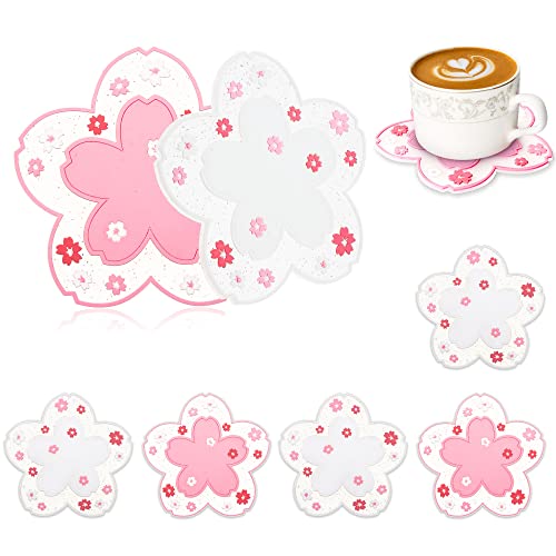 Conisy Flower Coasters for Drinks6 Pcs Cute NonSlip Washable Reusable Heat Resistant Silicone Coasters (SakuraPink  White)