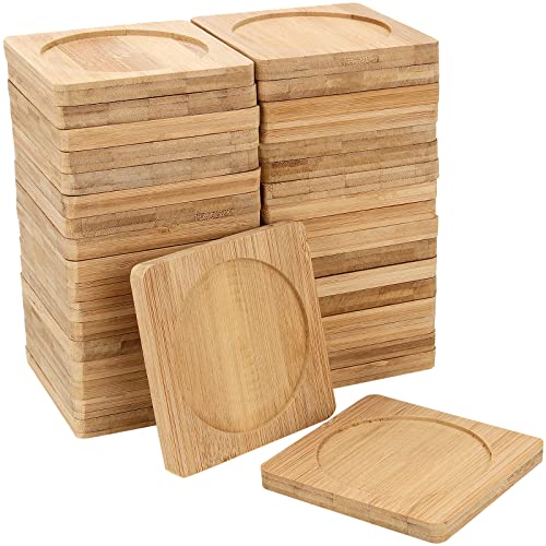 PINGEUI 60 Pack 37 x 37 inches Square Bamboo Coasters Natural Wooden Drink Coasters Decor Square Succulent Bamboo Tray Saucer for Outdoor and Indoor