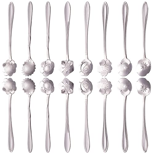 16 Pieces Flower Spoon Coffee Teaspoon Set PBIEHSR Stainless Steel Tea Spoon Dessert Scoop for Stirring Drink Mixing Milkshake Jam (Silver)