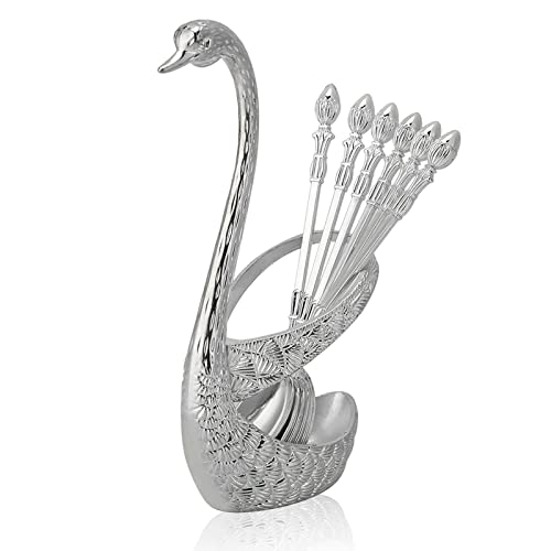 Coffee Spoon Stainless Steel Serving Bar Dessert Spoon with Swan Holder Household Tableware (Silver)