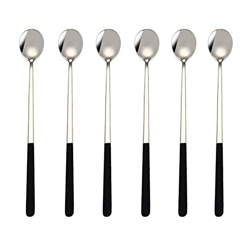 MBBITL 6Pack Black Silver 9 Ice Coffee Spoon Iced Teaspoon for Mixing Cocktail Stirring Tea Milkshake Cold Drink Stainless Steel