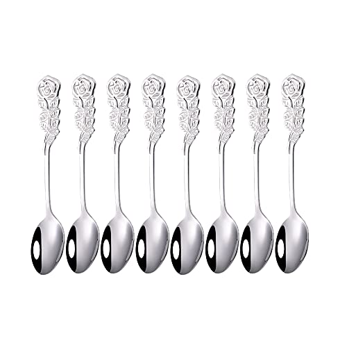 Wenkoni 5 Small Tea spoonsCoffee Spoonsfancy spoonsstirring spoonsteaspoonsCreative 304 Stainless Steel Rose handle spoons8 pcs Set (ColorSilver)