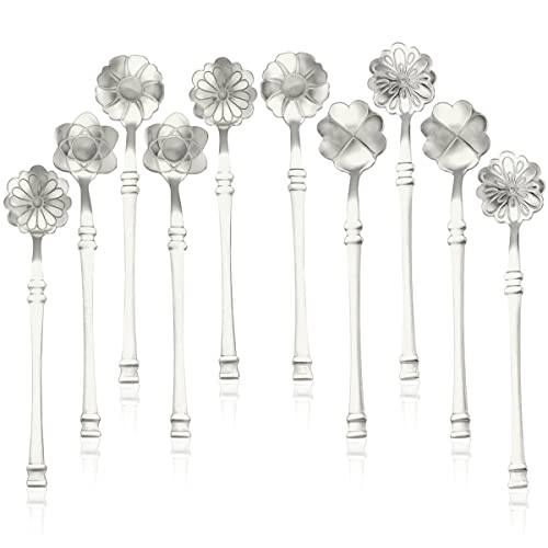 Flower Spoon Coffee Teaspoon Set Stainless Steel Creative Dessert Spoons Sugar Spoon Coffee Spoon Teaspoon IceCream Spoon Mixing Spoon Stir Bar Spoon Ice Tea Spoon (10Pcs Silver)