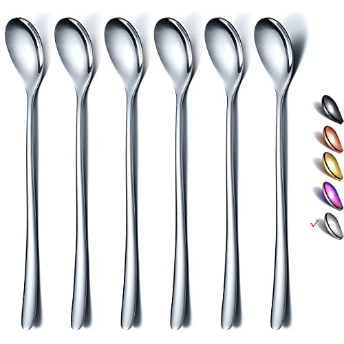 Long Handle Spoon Coffee Stirrers Premium Stainless Steel Coffee Spoons Ice Tea Spoons Ice Cream Spoon Cocktail Stirring Spoons Tea Spoons Set of 6 (Silver)