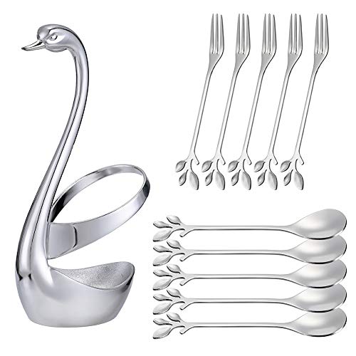 Stainless Steel Silver Creative Dinnerware Set AnSaw  Decorative Swan Base Holder with 5 Forks and 5 Spoons for Coffee FruitDessertStirring Mixing Sugar Stir Ice Cream Cake Teaspoon (Silver)