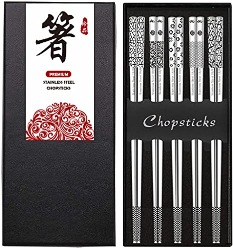 Metal Chopsticks Stainless Steel Reusable Chopsticks 188 Cute Laser Engraved Nonslip Korean Japanese Chinese Chopsticks188 Stainless steel Dishwasher Safe for Cooking Eating 9 14 Inches 5 Pairs