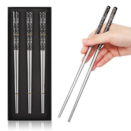 Stainless Steel Chopsticks Reusable Titanium Plated Metal Chopsticks Premium Japanese Gift Set Dishwasher Safe (3 Pairs)