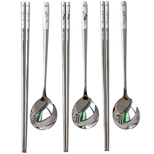 YAPULLYA Reusable Chopstick and Spoon Set Korean Long Handle Stainless Steel Spoon and Chopsticks Set Dishwasher Safe Metal Chop sticks Set of 3 (Multipatterned)