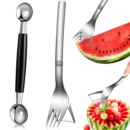 2 Pcs Watermelon Fork Slicer 2 in 1 Melon Baller Watermelon Slicer Cutter Double Sided Melon Baller Scoop Spoon Artifact Stainless Steel Fruit Forks Slicer Knife