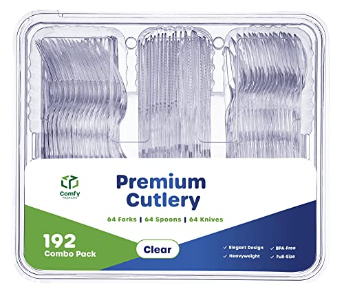 192 Combo Pack Premium Heavyweight Disposable Clear Plastic Silverware Cutlery  Spoons  Forks  Knives