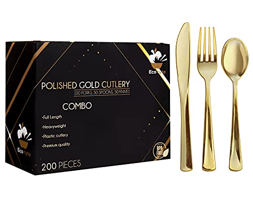 200pcs Premium HeavyDuty Gold Plastic Silverware Cutlery Set included 100 Forks 50 Spoons and 50 Knives  Solid Plasticware for Parties  Utensils Disposable  Reusable BPA Free (Gold)