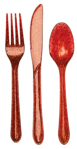 24Piece Glitz Premium Plastic Cutlery Assortment Red Glitter