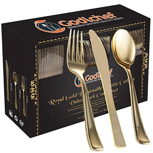 GODICHEF 300 Premium Royal Gold Plastic Silverware Set  100 Spoons 100 Forks  100 Knives for Party Disposable Wedding Silverware Heavy Duty Reusable Plastic Flatware Recyclable Gold Plastic Cutlery