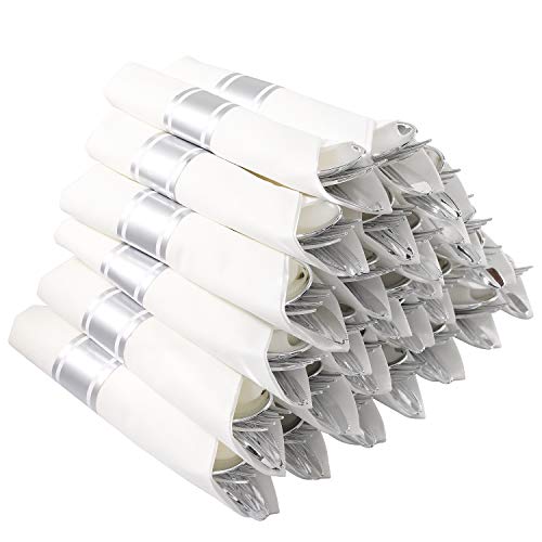 I00000 30 Pack Pre Rolled Napkins with Silver Plastic Cutlery Set Premium Disposable Silverware Includes 30 Forks 30 Knives 30 Spoons 30 Linen Like Napkins