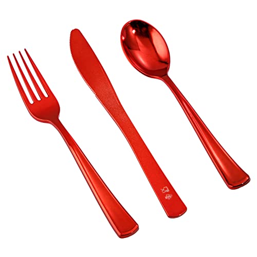 NOCCUR 180PCS Red Plastic SilverwareRed Plastic Cutlery Premium Flatware Heavy Duty Plastic Utensils Set60 Plastic Forks 60 Plastic Spoons 60 Plastic Knives Perfect for Christmas Party