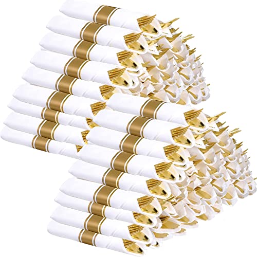 Pre Rolled Napkin and Cutlery Set  60 Pack Gold Plastic Silverware Disposable Silverware for Wedding Premium Disposable Cutlery Set Includes 60 Forks 60 Knives 60 Spoons 60 Linen Like Napkins