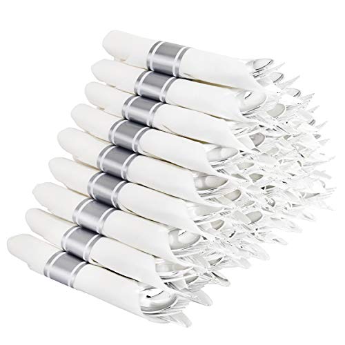 Supernal 60 Pack Silver Plastic Silverware Pre Rolled Silverware Premium Disposable Silver Cutlery，Suit for Wedding Catering Event Birthday，Party Supernal