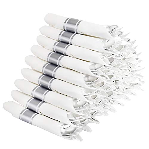 Supernal 60 Pack Silver Plastic Silverware Pre Rolled Silverware Premium Disposable Silver Cutlery，Suit for Wedding Catering Event Birthday，Party Supernal