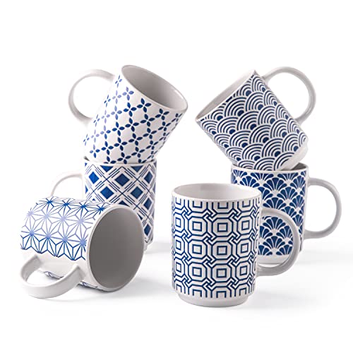 AmorArc 18 OZ Large Coffee Mugs Set of 6 Ceramic Coffee Cups with Handcrafted Textured Patterns for Hot CocoaTea Coffee Dishwasher  Microwave Safe  Blue and White