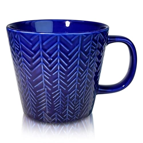 Bonceram Large Stoneware Coffee Mug  16 oz Big Size Ceramic Glossy Mug with Handle Suitable for Americano Latte Tea Dishwasher Safe Pure Color with Embossed Leaves M21104 Blue