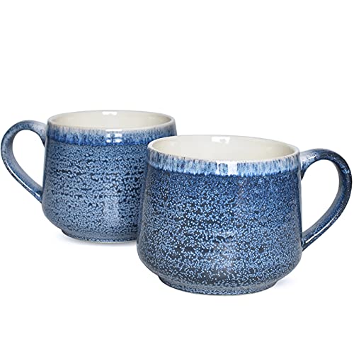 Bosmarlin Large Ceramic Wide Coffee Latte Mug Set of 2 18 Oz Blue Big Stoneware Tea Cup for Office and Home Dishwasher and Microwave Safe (Blue 2)