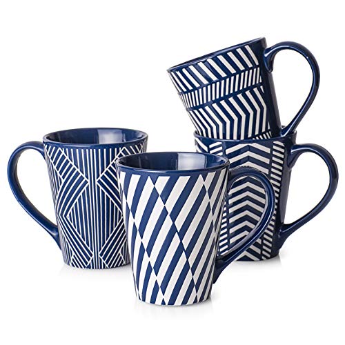 LIFVER Coffee Mugs Set Tall 18 Ounces Coffee Mugs Large Ceramic Mugs With Embossed Nordic Style Tall Coffee Mugs with Handle Modern Coffee Mug Porcelain Set Of 4 For Coffee Tea Cocoa Blue