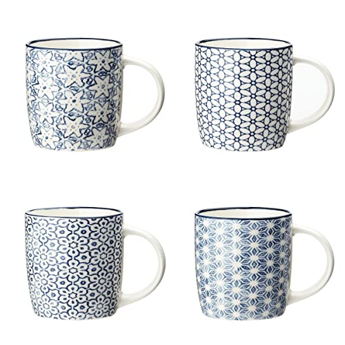 Set of 4 12 oz Coffee Mugs with Blue and White Geometric Patterns Ceramic Tea Cup Set Gift for Friends (Set 2)