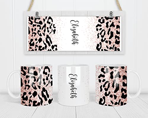 Custom Rose Gold Glitter Leopard Coffee Mug  Personalized Animal Print Coffee Cup  11oz Ceramic  Dishwasher  Microwave Safe  Your Choice of Font and Name or Text