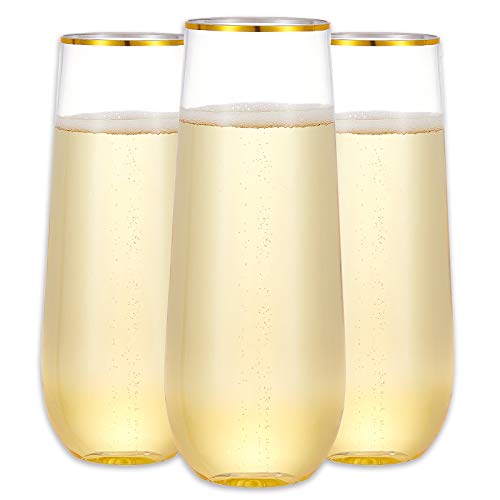 N9R 12 Pack Plastic Champagne Flutes 9 oz Stemless Disposable Gold Rim Toasting Glasses Crystal Clear Cocktail Cups Drinkware Shatterproof Ideal for Party Wedding Birthday