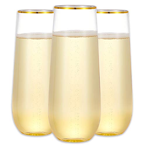 N9R 12 Pack Plastic Champagne Flutes 9 oz Stemless Disposable Gold Rim Toasting Glasses Crystal Clear Cocktail Cups Drinkware Shatterproof Ideal for Party Wedding Birthday