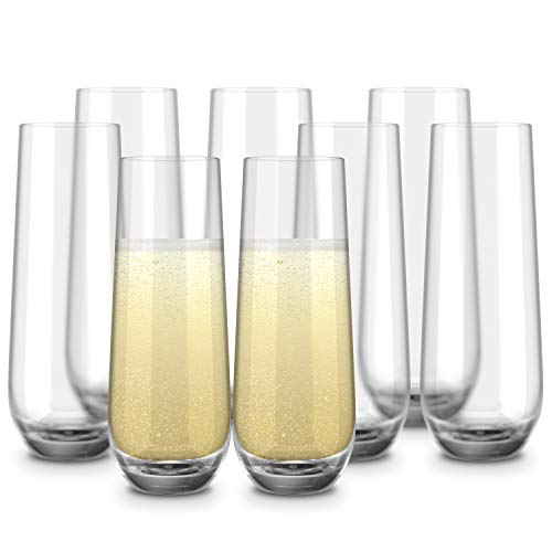 Stemless Champagne Flutes by Kook Durable Glass Mimosa Cocktail Glasses Set Prosecco Wine Flute Water Glasses Highball Glass Bar Glassware Toasting Wedding Glasses Set of 8 105oz