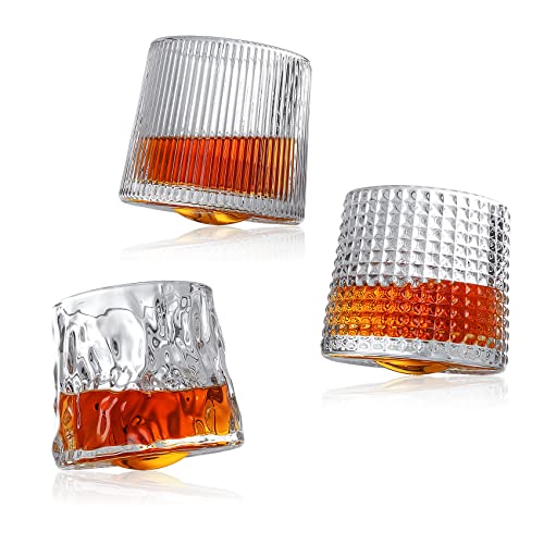 Whiskey GlassesPremium 6 OZ Scotch Glasses Set of 3 Spinning Old Fashioned Whiskey Glasses For Drinking Scotch Bourbon Vodka Gin Tequila Rum Liquor Cocktail Drinks