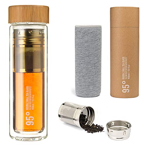 95° DoubleWall Glass Tea Bottle with Removable Stainless Steel Infuser  BPA and BPS Free Insulated and Leakproof Travel Tumbler for Loose Leaf Tea Coffee Fruit  EcoFriendly (15oz450ml)