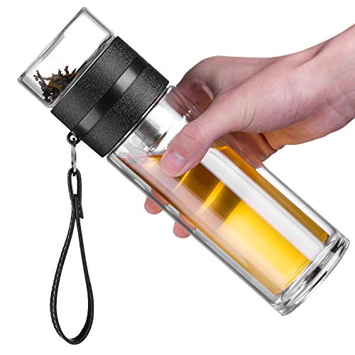 Ceoon 13oz Double Wall Glass Water Bottle Tea and Water Separation Tea Bottle Mug Cup with Tea Infuser (Black)