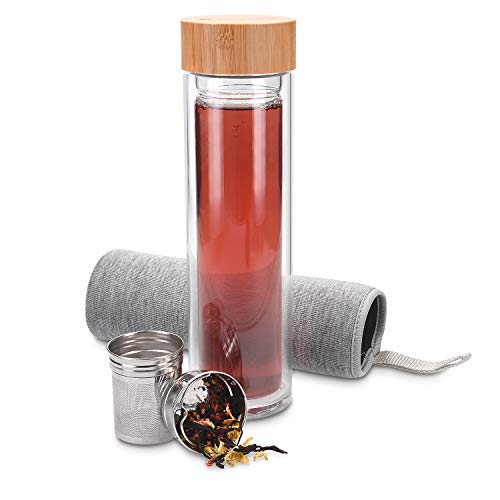Navaris Glass Water Bottle with Tea Infuser  Double Walled Borosilicate Glass Travel Tumbler with Bamboo Lid and Non Slip Gray Neoprene Sleeve  17oz