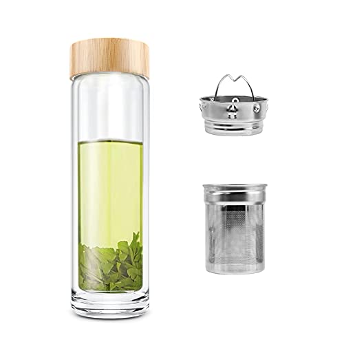 Tea Bottle COMI Tea Bottle with Infuser Double Wall High Borosilicate Glass with Strainer  Infuser for Loose Tea Infusion Tea Bottle 14 Ounce 400ml…