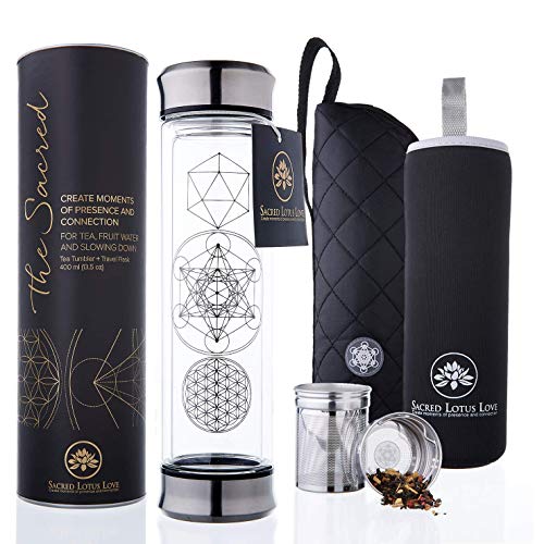 The Sacred Tea Bottle with Infuser  Strainer Combo  BPA Free Glass Travel Tumbler with Stainless Steel Filter Leakproof Tea Mug for Loose Leaf Tea and Fruit Water 14 Ounce