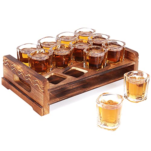 Shot Glass Holder Set with 12 Clear Shot Glasses Vivimee 23 oz Square Shot Glasses Set with Rustic Burnt Wood Serving Tray Crystal Shot Glass for Whiskey Tequila Liqueurs Party  Collection