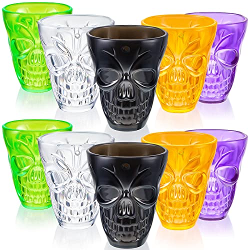 10 Pcs Skull Shot Glasses Whiskey Skeleton Skull Cup with Hole Clear Unbreakable Drinking Glassware Halloween Skull Party Favor Cups for Halloween Party Decor Supplies Black Orange Purple Green