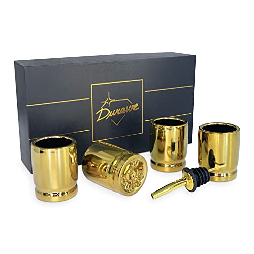 50 Caliber Shot Glass Set of 4 Ceramic Shot Glasses with Pourer 50 Cal Bullet Casings Shaped Shot Glasses Great Gift Drinking Glass Set for Men Luxury Gift Set